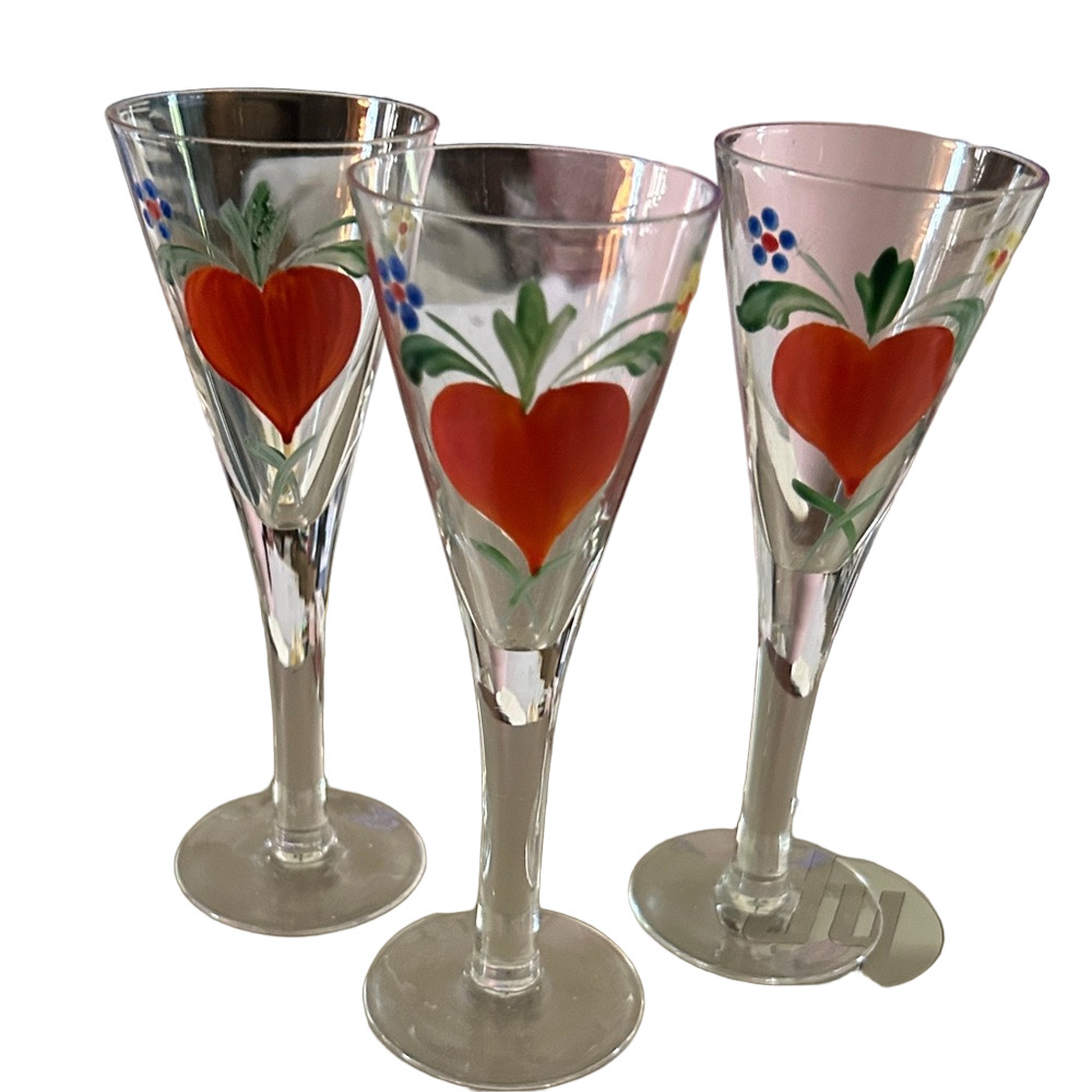 MCM Glassware Johansfors Burning Heart Glasses set of 3 “Boda Folklore” 1960s